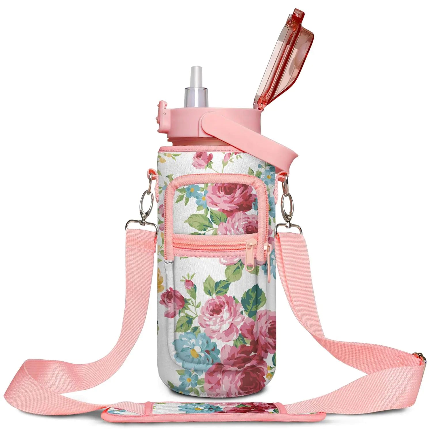Half Gallon Floral Water Bottle with Sleeve - Flip Top Bpa Free floral Water Bottle 64 OZ - Leakproof Water Jug with Time Marker - Motivational Gym Water Bottle for Office Gym Outdoor Hiking Travel